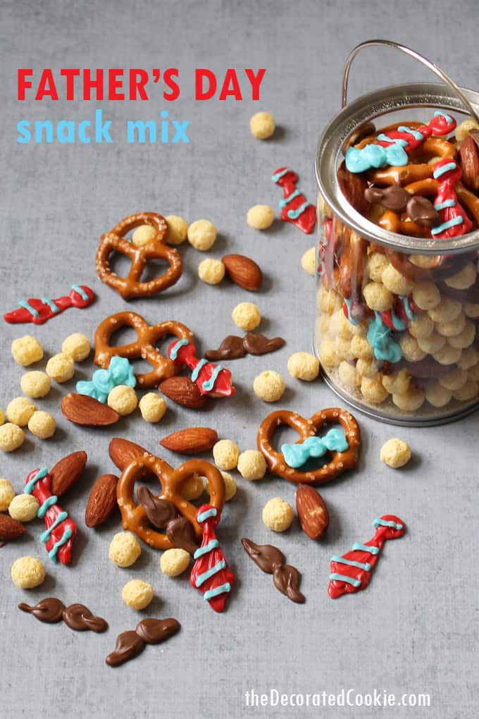 Father's Day snack mix combines mustaches and ties made with candy melts with any snack mix-ins Dad loves. Great, personalized handmade gift idea. #FathersDayFoodIdeas #FathersDay #SnackMix 