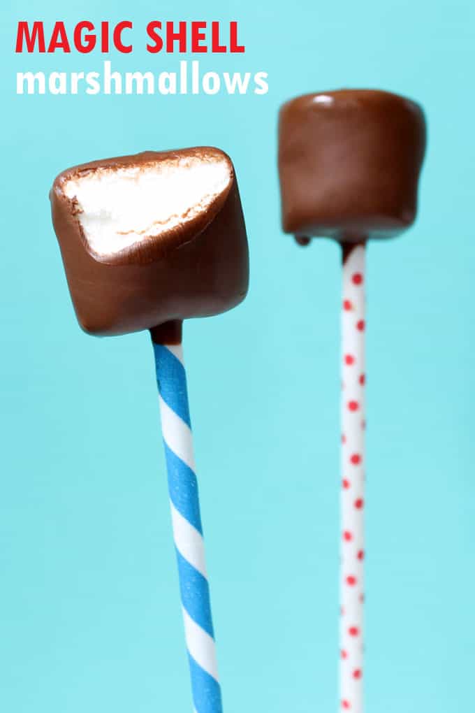 Make your own magic shell chocolate sauce for frozen magic shell marshmallow pops. A fun and delicious food craft for kids. Chocolate and coconut oil. 