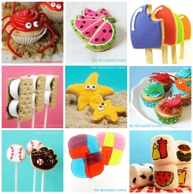 summer treats including crab cupcakes, watermelon cookies, popsicle cookies, s'mores pops, starfish cookies, and more. 