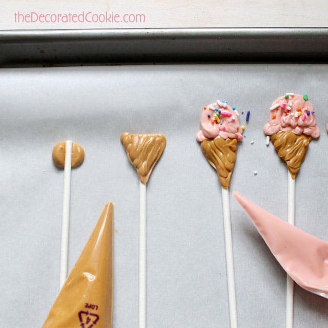making ice cream cone lollipops using tan and pink candy melts and sprinkles.