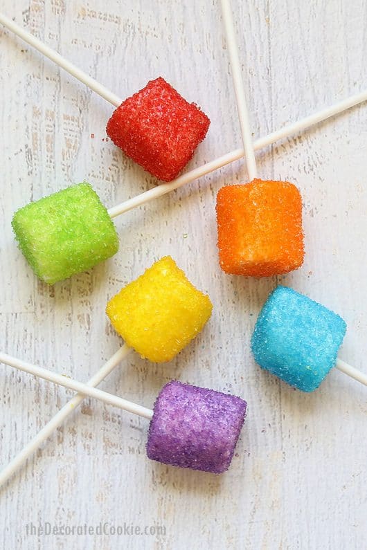 RAINBOW MARSHMALLOW POPS with vodka -- grown-up unicorn food