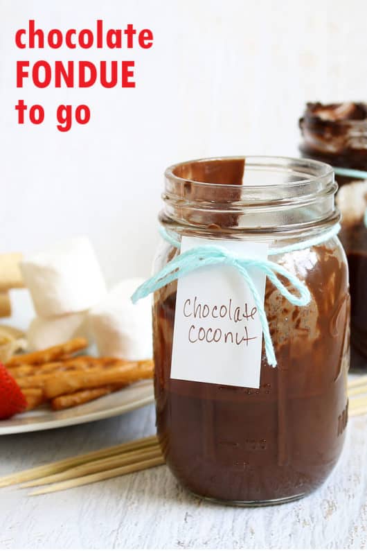 easy chocolate fondue with coconut, in mason jars, never hardens