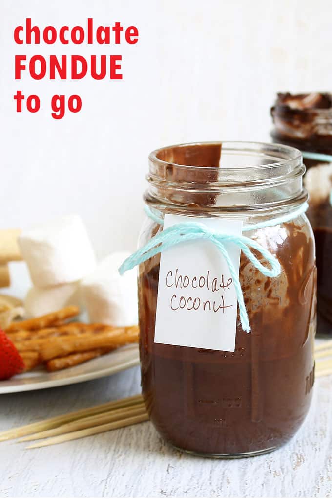 How to make easy chocolate fondue with coconut in mason jars for parties, picnics, travel, or home. Never hardens, no fondue pot needed!