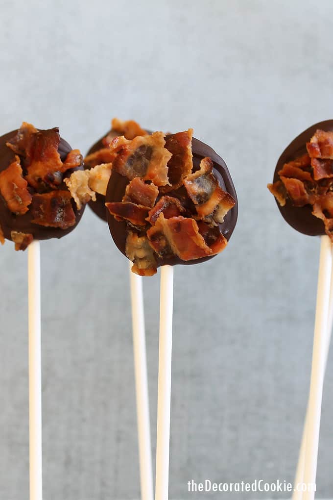 CHOCOLATE BACON POPS -- Chocolate and bacon on a stick, a fun and unususal party treat and a delicious sweet and salty combination.