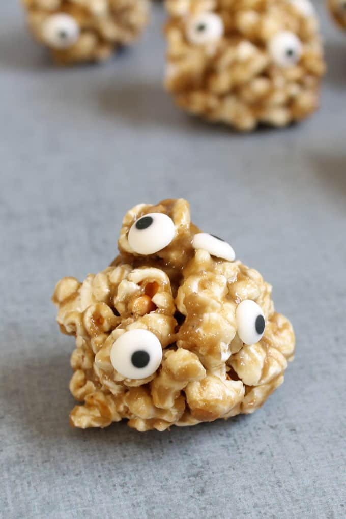 Healthy Halloween treats and snacks: healthy popcorn ball monsters