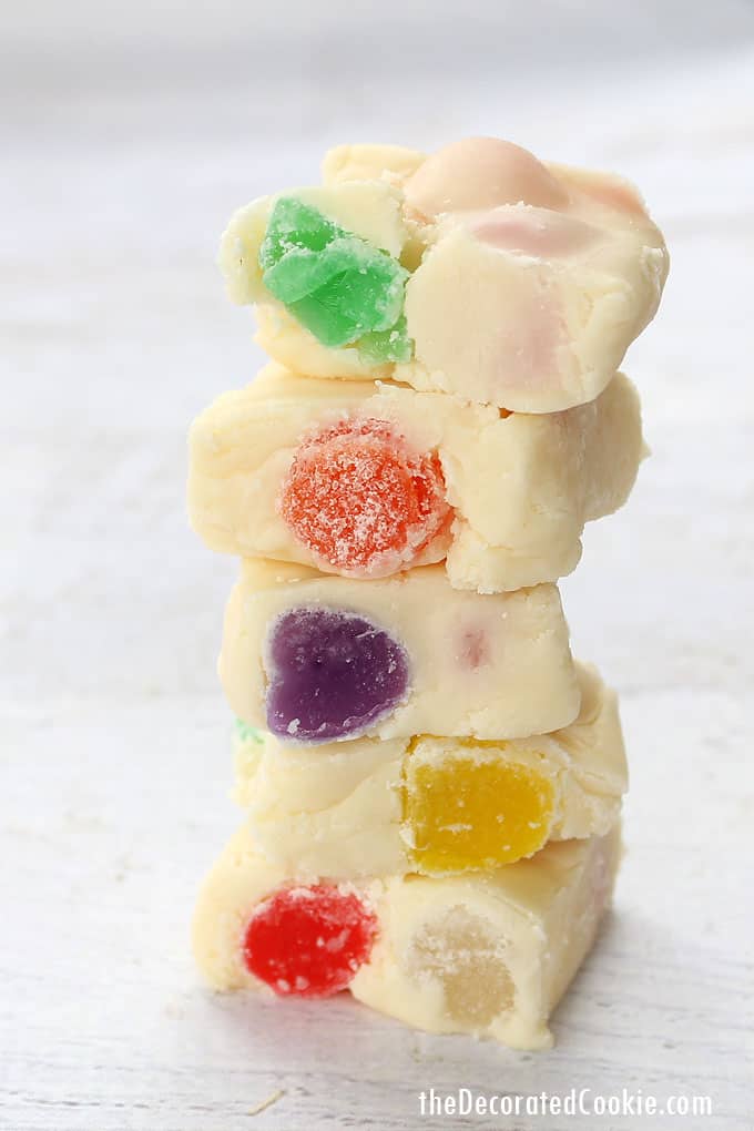 how to make easy GUMDROP FUDGE in the microwave -- a colorful, fun Christmas treat to make and give  #gumdropfudge #christmas #dessert #candy #easyfudge #microwavefudge 