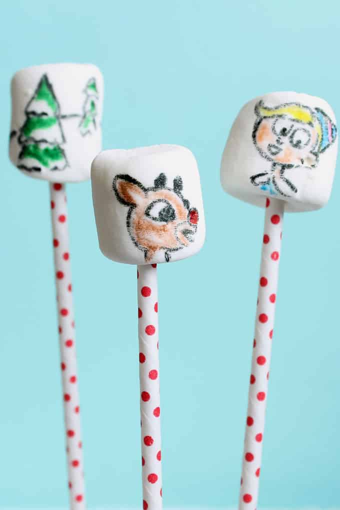 Rudolph marshmallows: The Christmas classic, Rudolph the Red Nosed Reindeer, drawn on marshmallows with food writers. Fun food idea for kids.