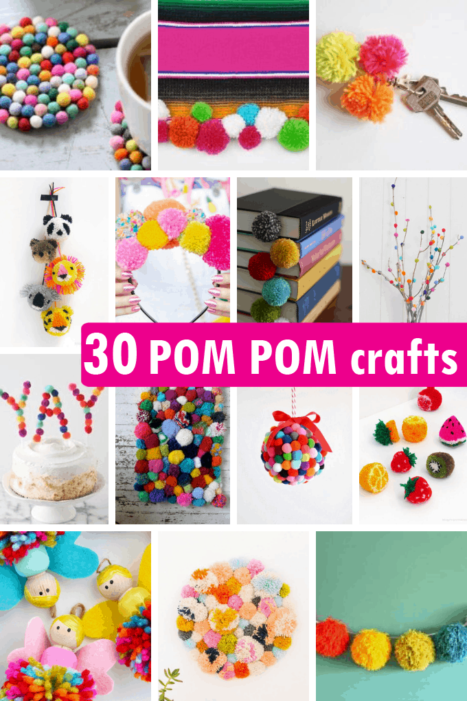 A roundup of POM POM CRAFTS, including home decor, jewelry, accessories, toys, and more. Find links to tutorials on how to make pom poms. #pompoms #crafts #pompomcrafts
