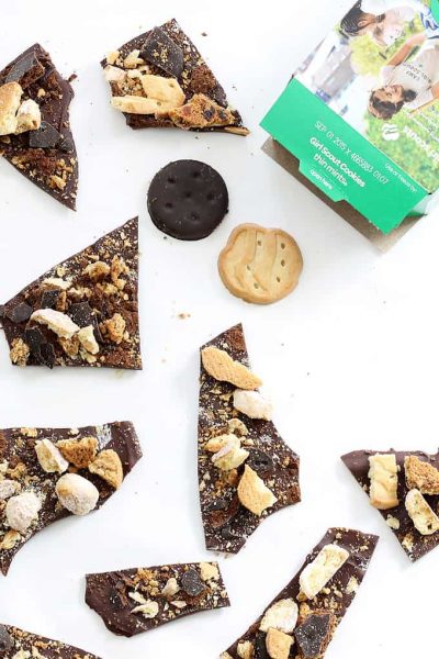 This Girl Scout cookies chocolate bark is a fun and easy way to use all your delicious Girl Scout cookies in one dessert. Great for parties.