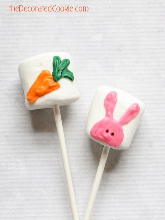 bunny and carrot Easter marshmallow pops using candy melts