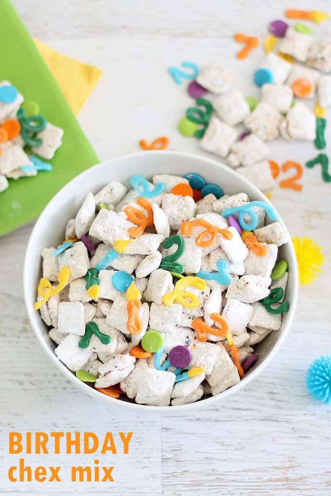 BIRTHDAY CHEX MIX-- Delicious personalized snack idea made with Chex cereal, white chocolate, and colorful candy melts designs.