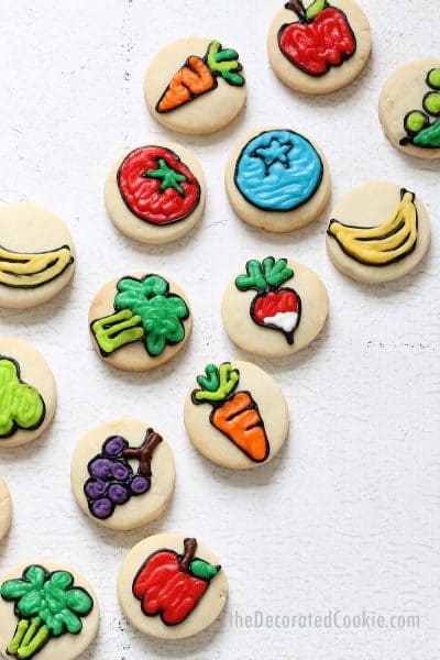 mini fruit and vegetable decorated cookies