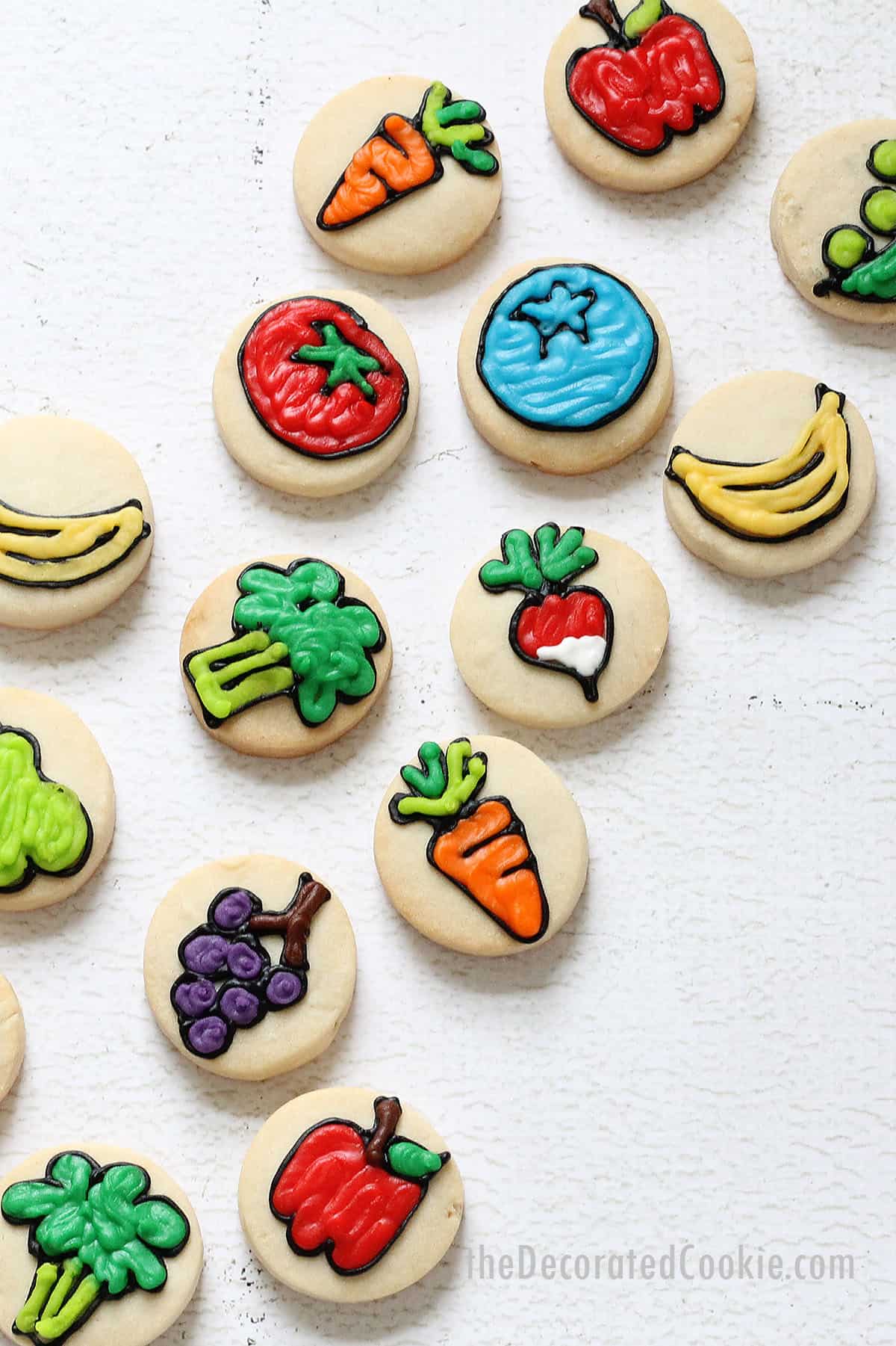 mini fruit and vegetable decorated cookies 