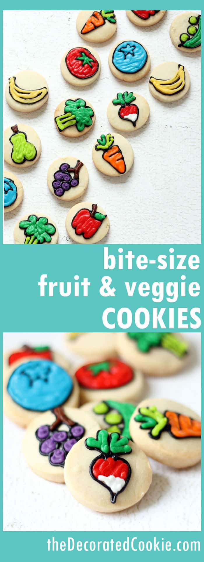 These bite-size fruit and veggie cookies are a cute and fun treat for Spring. 