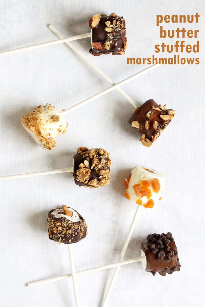 PEANUT BUTTER STUFFED MARSHMALLOWS covered with chocolate and other toppings, a fun and easy no-bake dessert idea for parties 