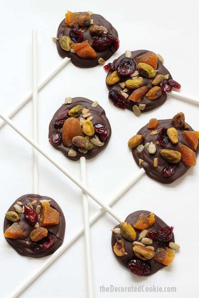 dark chocolate pops with fruits, nuts, and seeds