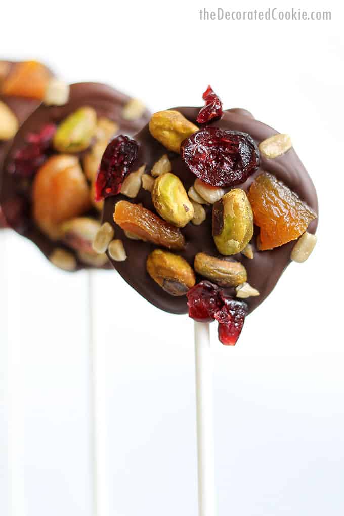 dark chocolate pops with fruits, nuts, and seeds
