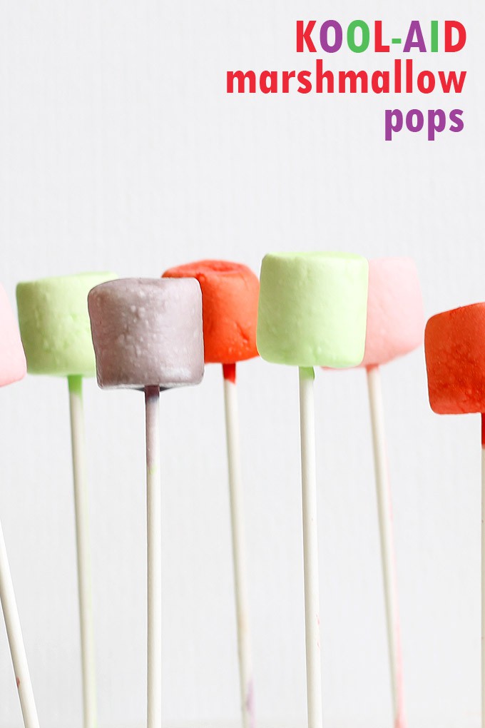 Kool Aid marshmallow pops: Marshmallows dipped in Kool-Aid drink for a fun, no-bake summer treat idea in a rainbow of colors.