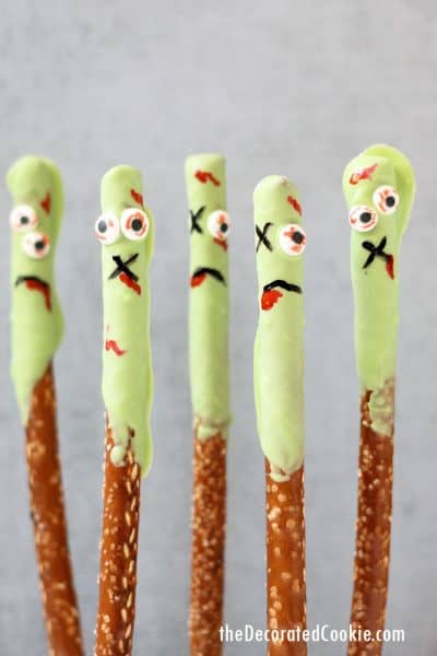 zombie pretzels: pretzel rods with green candy melts.