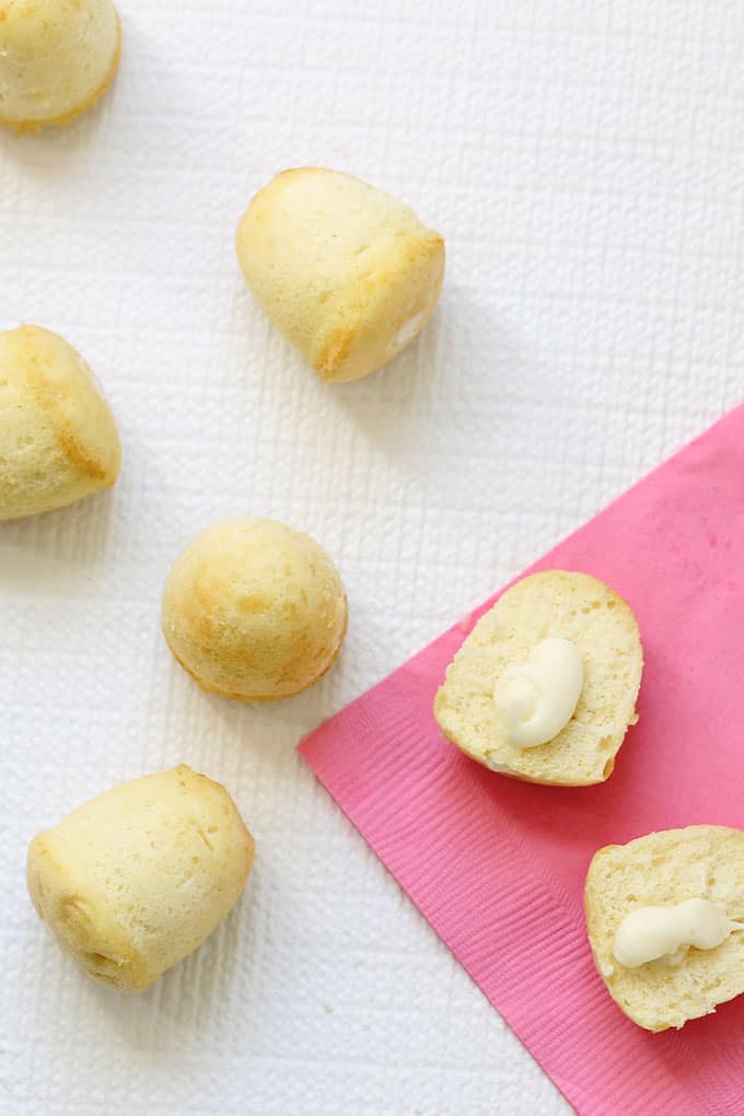 HOMEMADE TWINKIES POPPERS -- a cute, copycat recipe of the classic store-bought snack cake. Pound cake filled with marshmallow frosting.