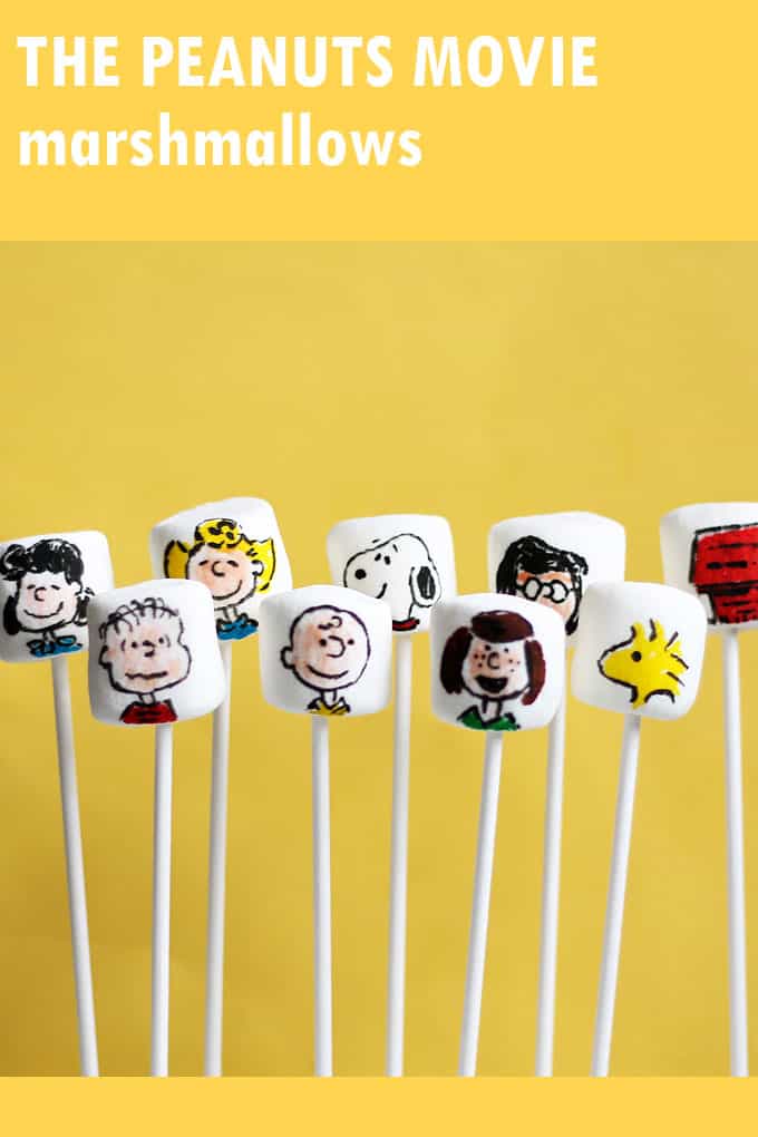 Peanuts movie marshmallows -- fun food idea with Snoopy, Charlie Brown and all the Peanuts characters. Use food coloring pens.