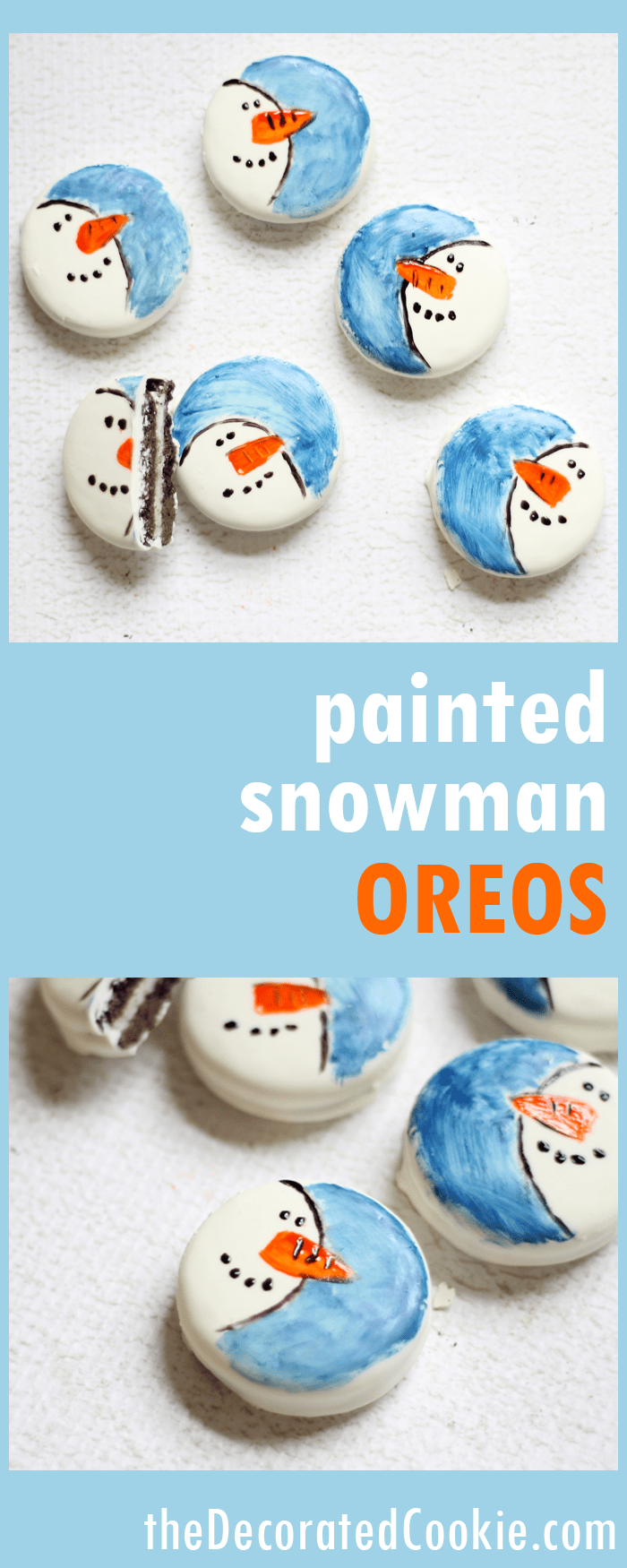 painted snowman Oreos -- cute winter or Christmas holiday treats using candy color and store-bought cookies 