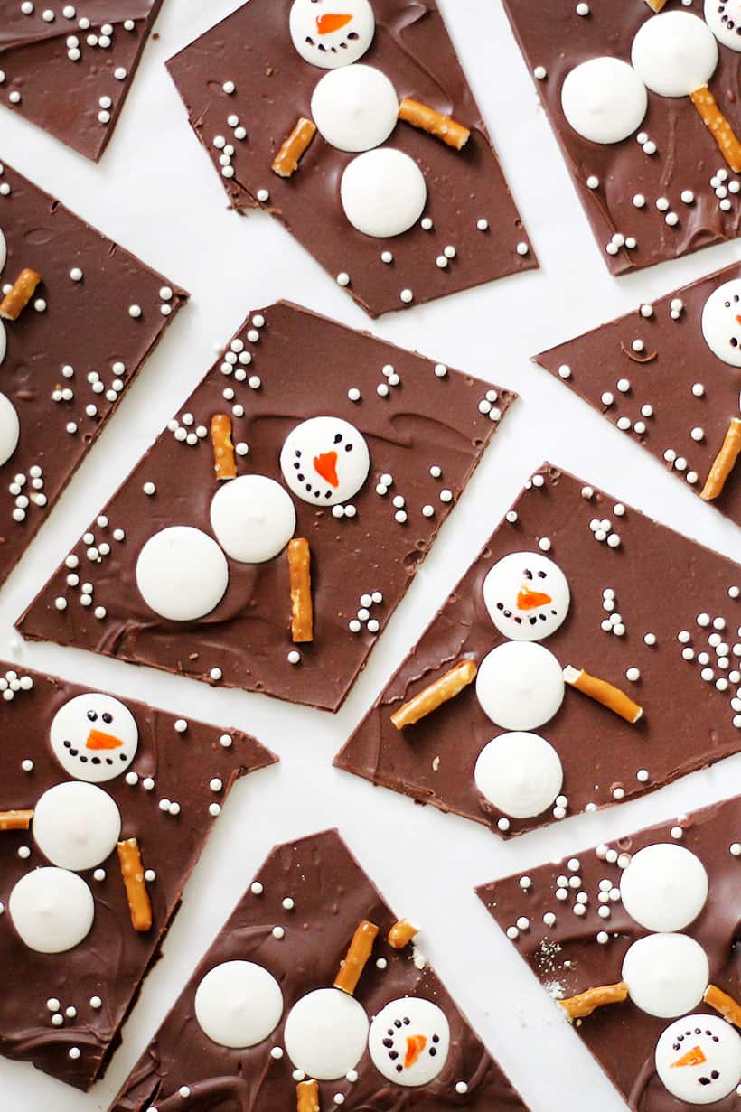 snowman chocolate bark for Christmas 