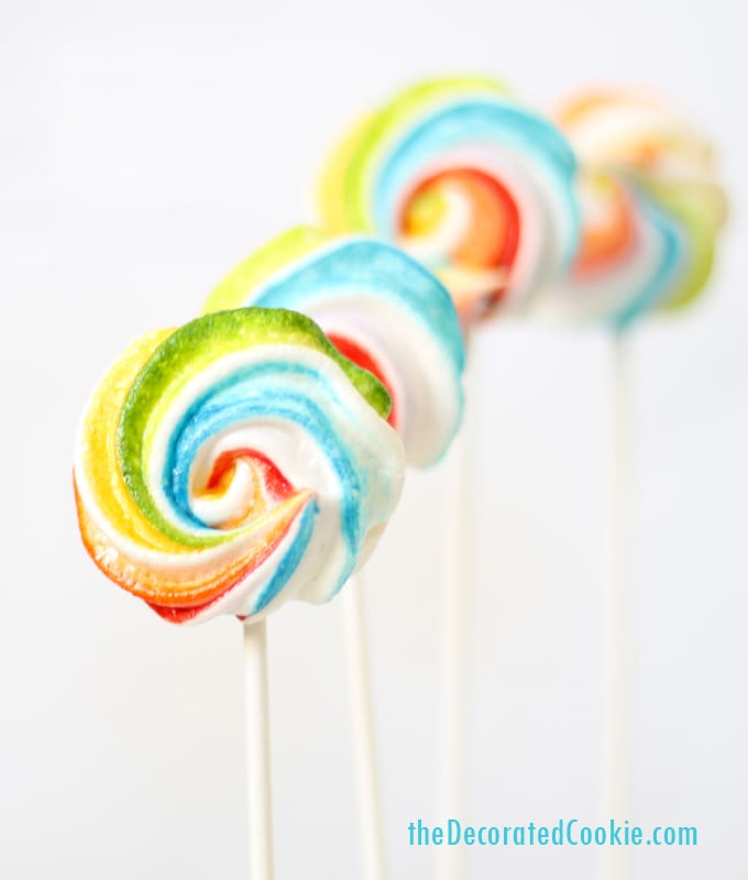 rainbow meringue cookie pops by TheDecoratedCookie.com