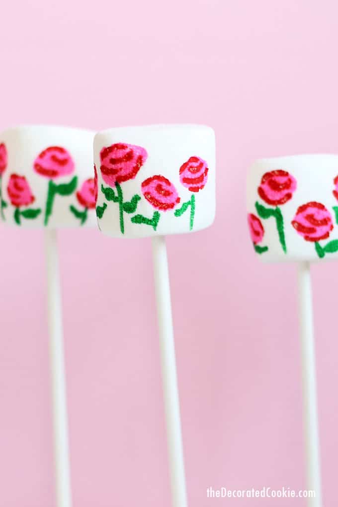 How to use food coloring pens and marshmallows with lollipop sticks to make EASY rose garden marshmallows for Valentine's Day.