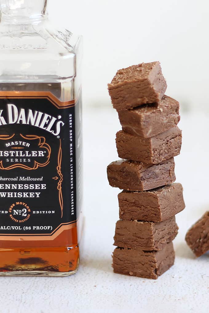 Jack Daniels fudge, a delicious, strong, easy-to-make, 3-ingredient boozy fudge for grown-ups only! Chocolate and whiskey combined.