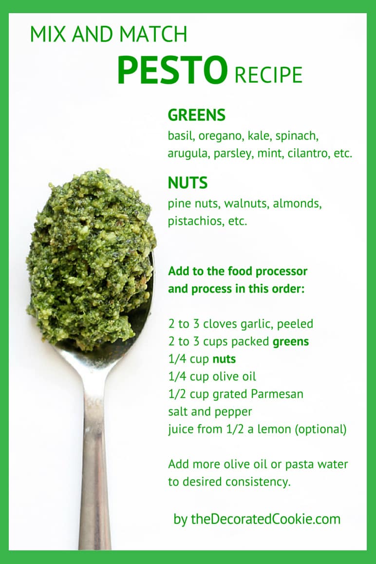 mix and match pesto recipe -- choose your greens, choose your nuts 