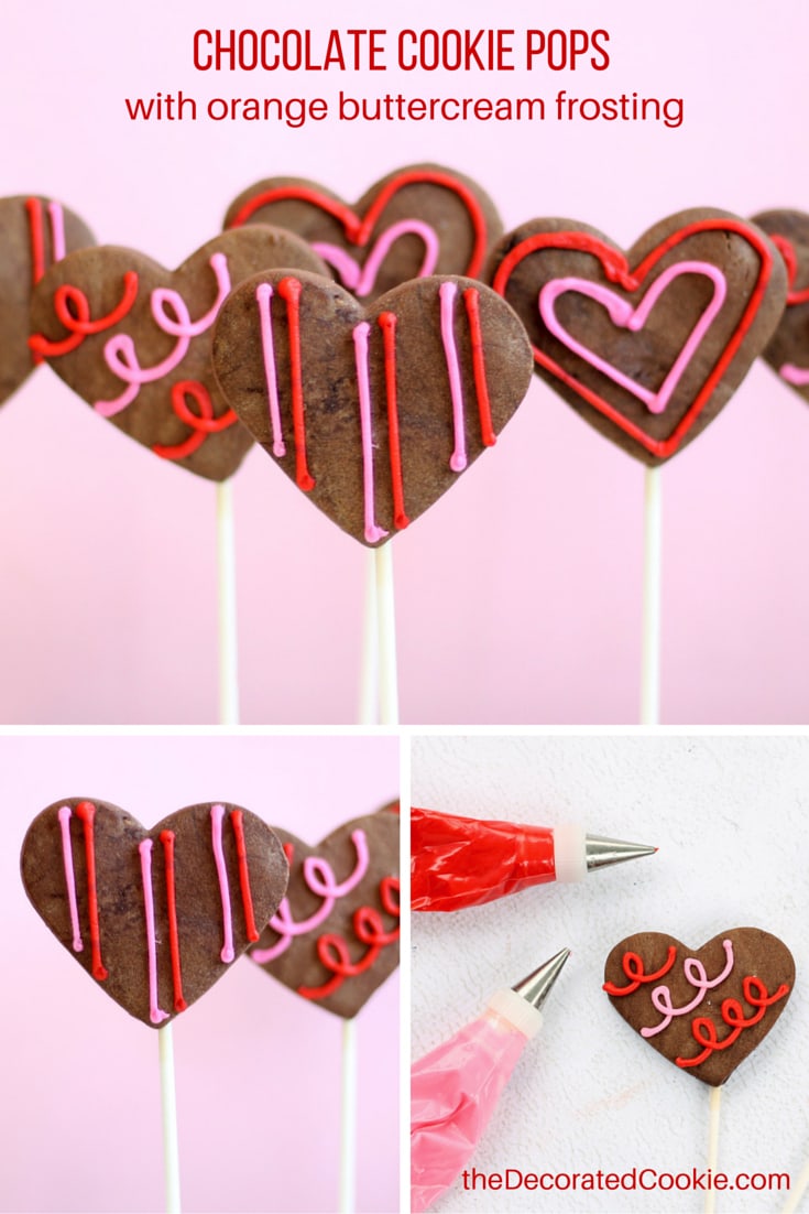 chocolate heart cookie pops with orange buttercream frosting for Valentine's Day 