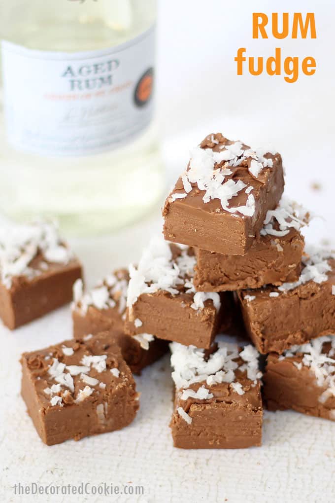 RUM BOOZY FUDGE topped with coconut. Three main ingredients, minutes to make, filled with booze. For grown-ups only. Video recipe.