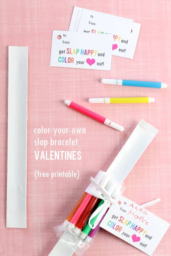 COLOR-YOUR-OWN SLAP BRACELET VALENTINES Use the free printable and include some mini markers to make these decorate-your-own slap bracelet Valentine's Day cards for a classroom school party.  #valentinesday #valentinescards #diyvalentines #classroomcards 