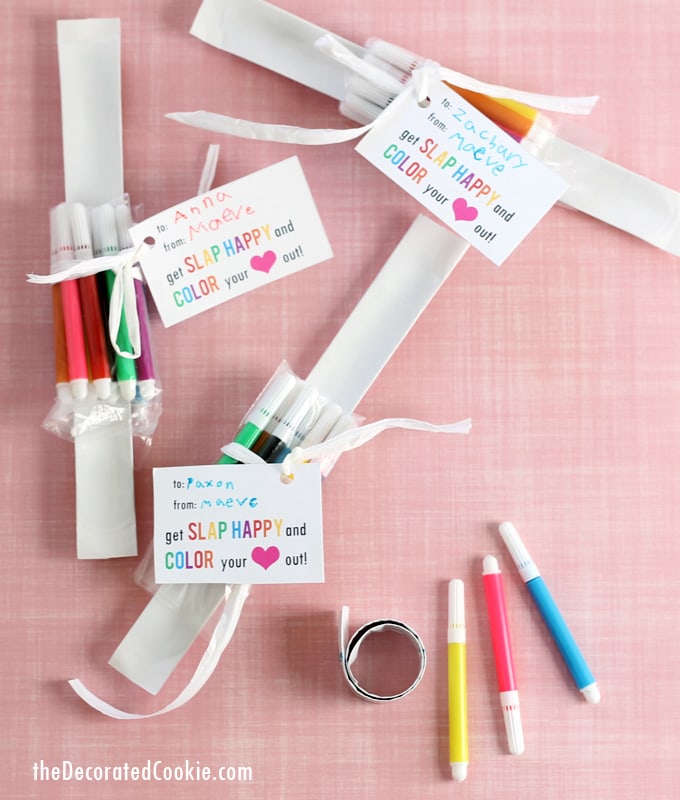 color-your-own slap bracelet Valentine's Day cards for kids' class parties, with FREE printable 