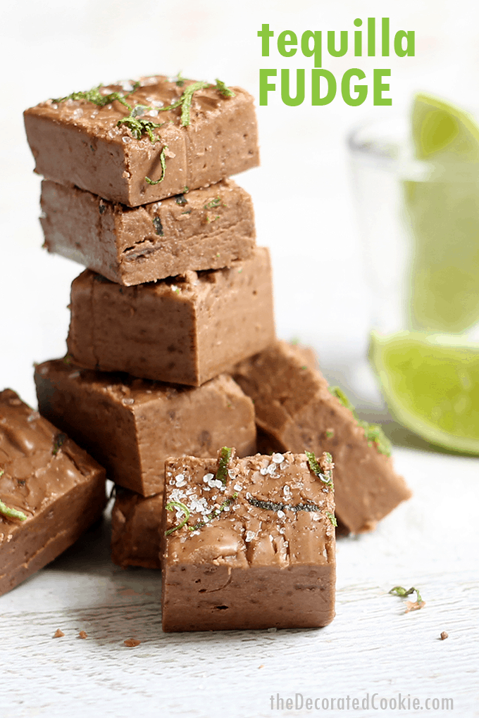 Tequila boozy fudge is a delicious, strong, grown-up only, 3-ingredient fudge that takes minutes to make. Topped with coarse salt and lime zest.
