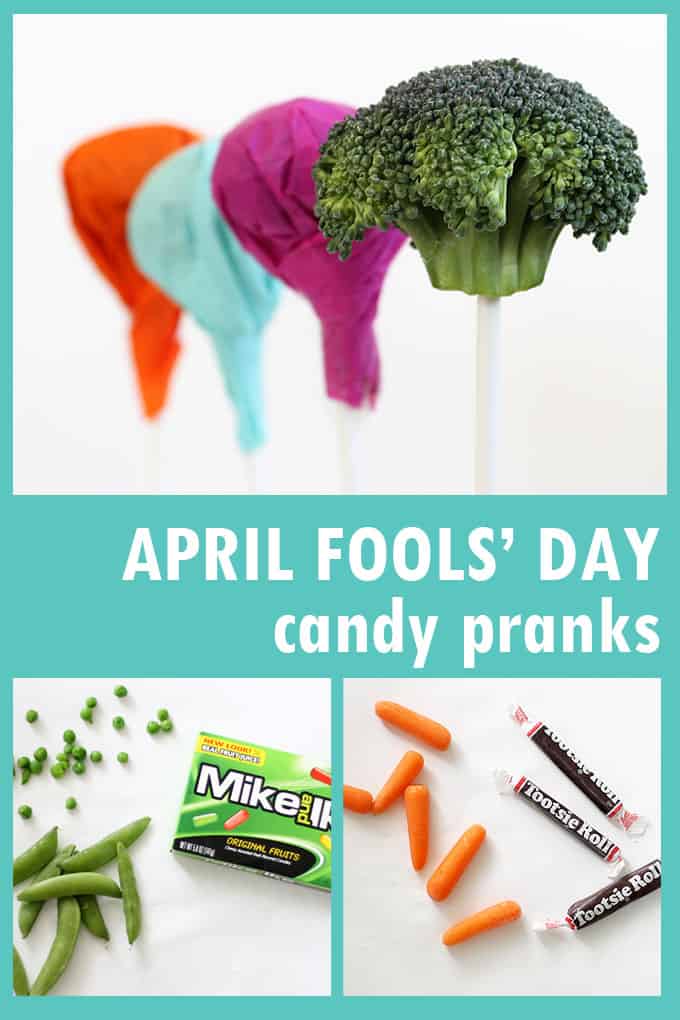 Try these April Fools' Day candy jokes with hidden vegetables. Lollipops are broccoli, Mike and Ike's are hidden peas, Tootsie Rolls are carrots. Video.
