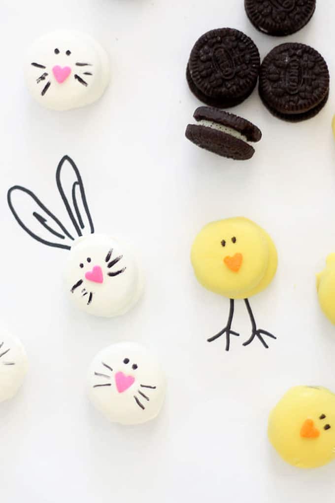 Mini bunny and chick Oreo bites are a perfect Easter treat. Easy to make using mini store-bought Oreo cookies, candy melts, and food coloring pens.