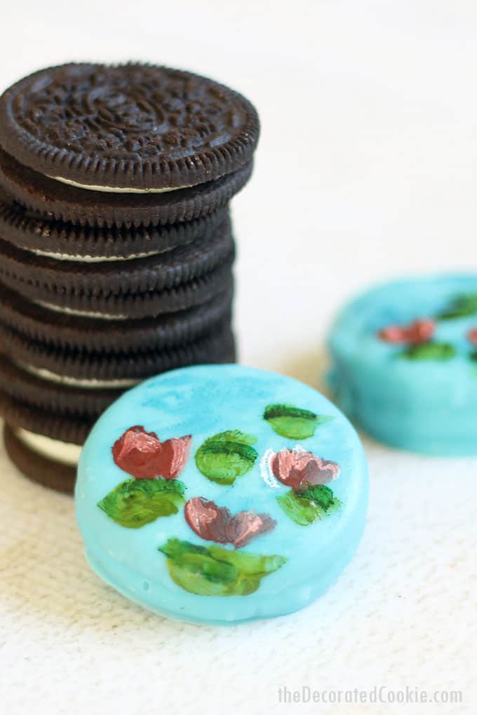 PAINTED OREOS: Artist Claude Monet's water lilies painted with food coloring on chocolate-covered oreos. Video how-tos included.