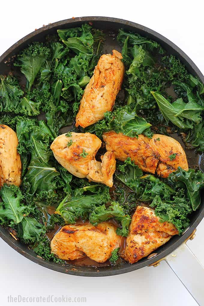 CHICKEN AND KALE IN WHITE WINE with herbs. Serve over rice for an easy, quick, weeknight dinner idea. Delicious chicken recipe idea. 