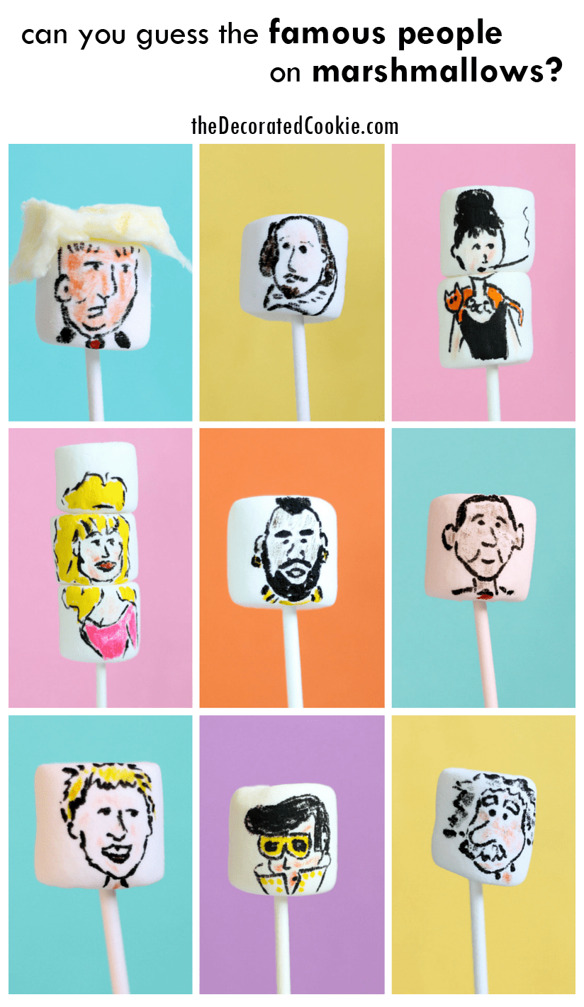 marshmallow art: famous people on marshmallows, can you name the celebrities? Answers at theDecoratedCookie.com 