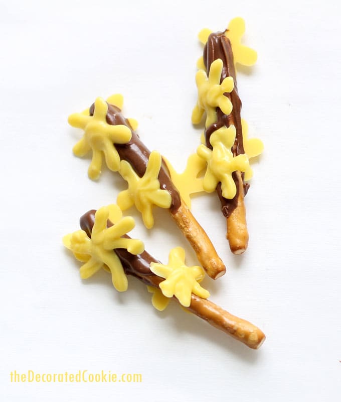 Forsythia branch chocolate-covered pretzels 