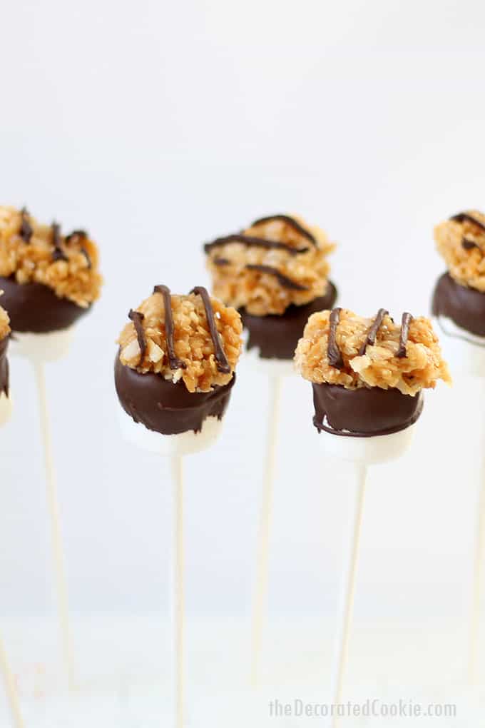 Girl Scout cookies SAMOA MARSHMALLOW POPS. The flavors of the classic Girl Scout cookie, chocolate, coconut, and caramel, as marshmallows.