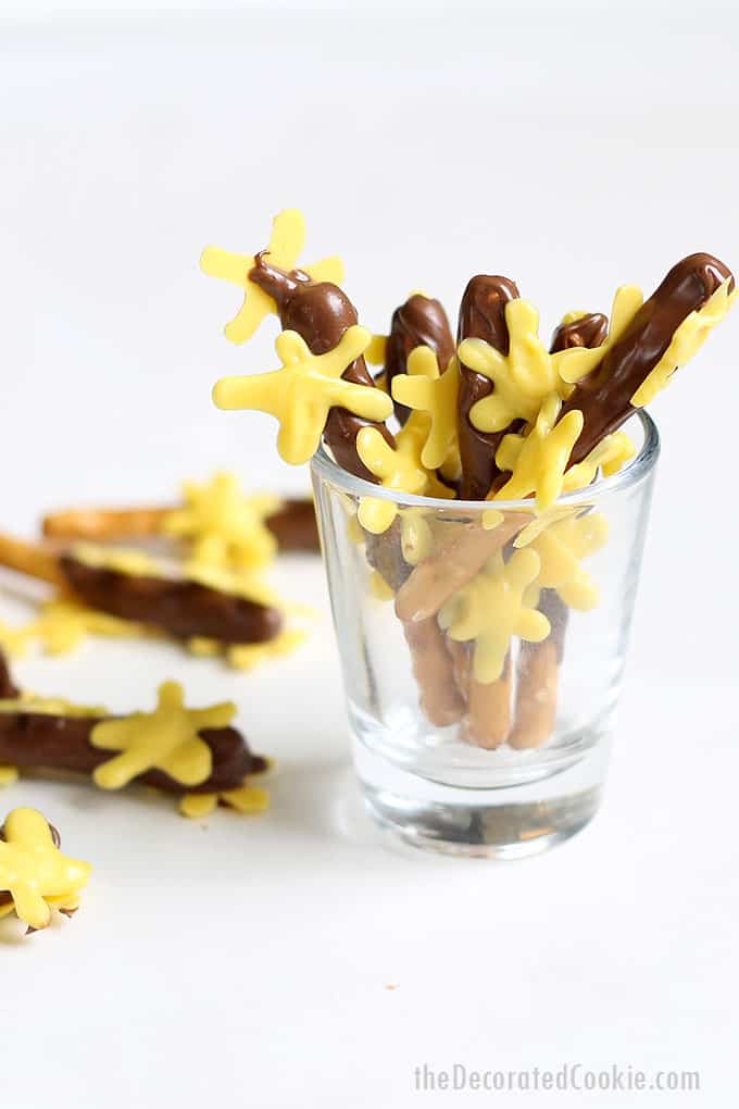 SPRING CHOCOLATE COVERED PRETZELS. these Forsythia branch chocolate covered pretzels are a cute, fun treat for spring or Mother's Day. 