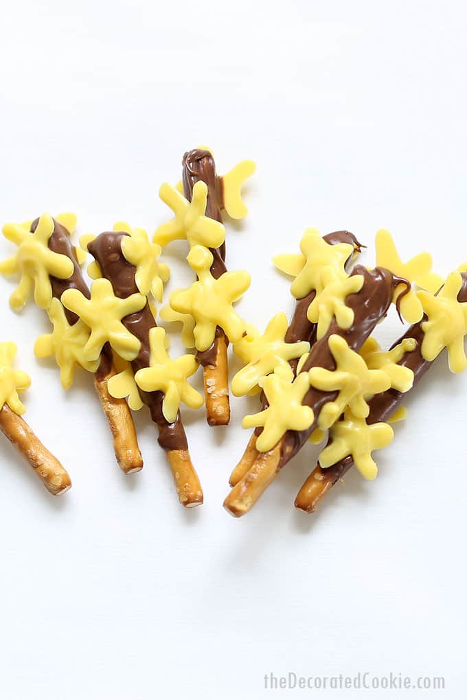 SPRING CHOCOLATE COVERED PRETZELS. these Forsythia branch chocolate covered pretzels are a cute, fun treat for spring or Mother's Day. 