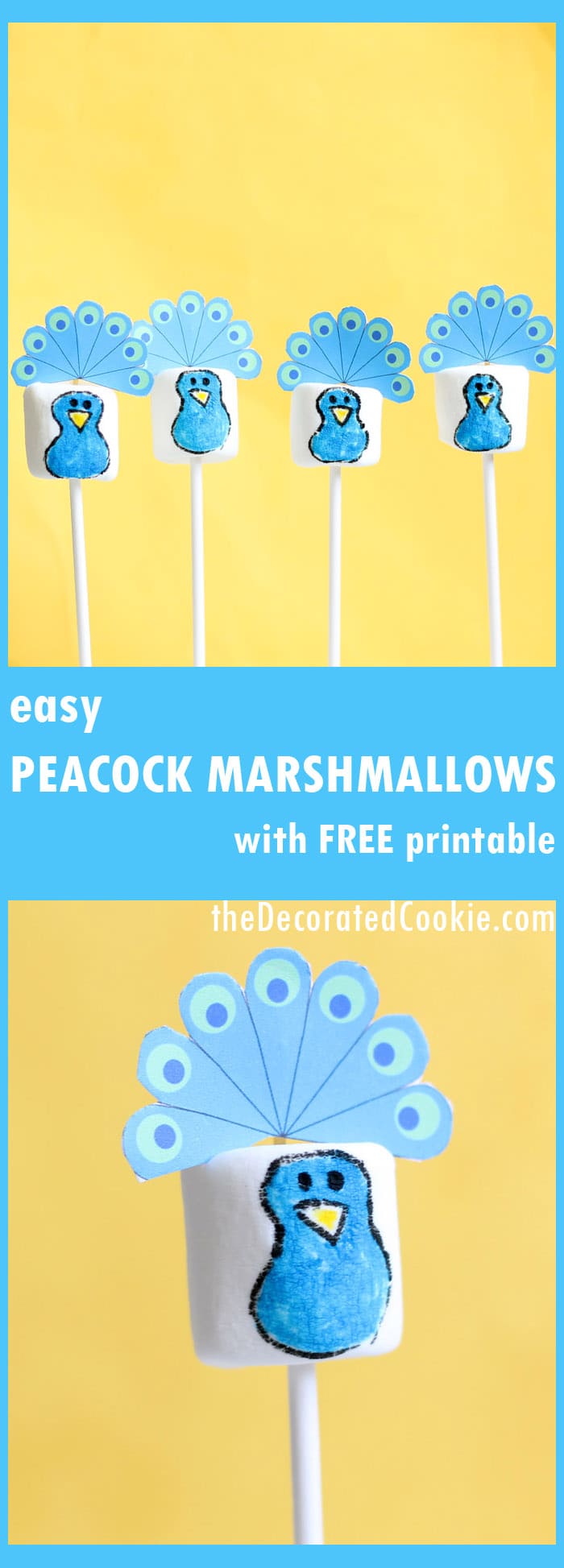 peacock marshmallows with free printable The Decorated Cookie