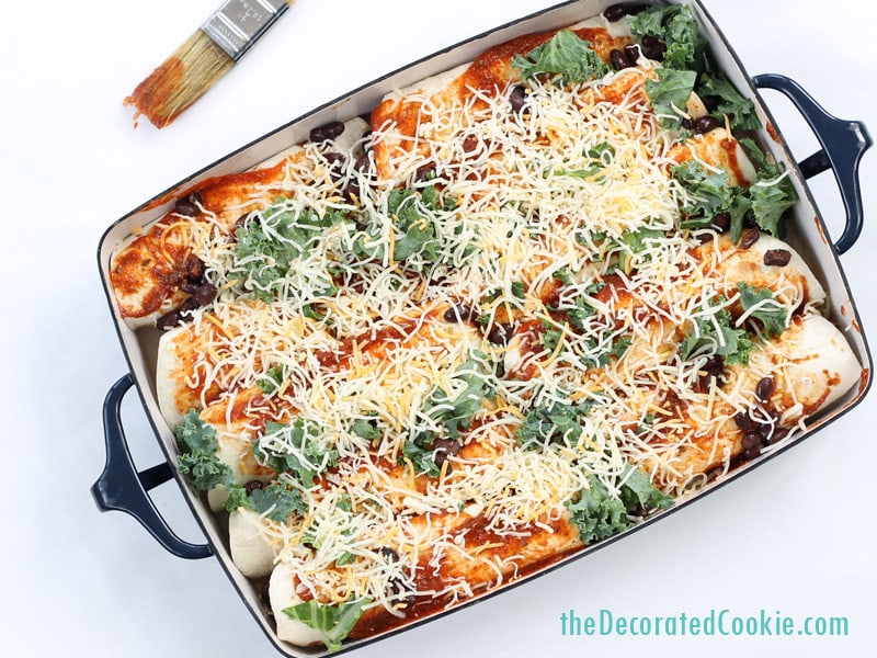 easy chicken and kale enchiladas with black beans, made with 1-minute enchilada sauce 