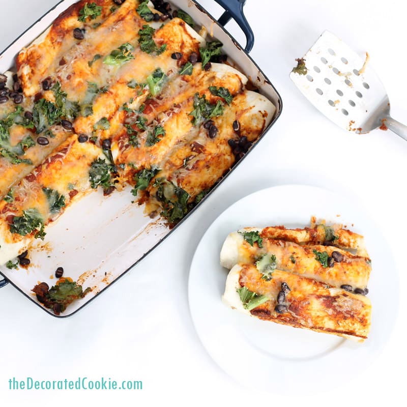 easy chicken and kale enchiladas with black beans, made with 1-minute enchilada sauce 