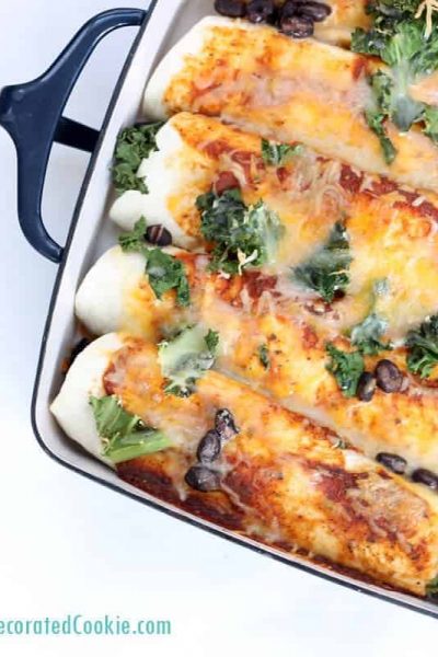 easy chicken and kale enchiladas with black beans, made with 1-minute enchilada sauce