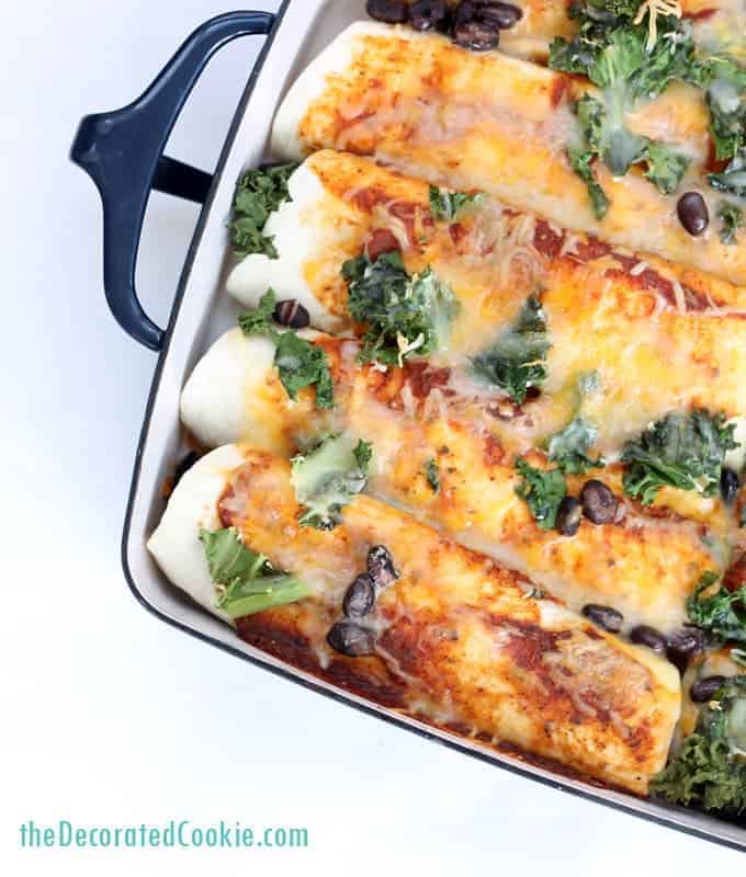 ow to make enchiladas: easy chicken and kale enchiladas with black beans, made with 1-minute enchilada sauce 